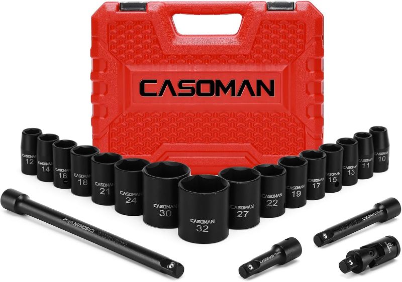 Photo 1 of CASOMAN 1/2-Inch Drive Shallow Impact Socket Set, Metric, 10mm-32mm, CR-V, 6-Point, 20-Piece 1/2" Shallow Sockets Set with Extension Bar and Universal Joints
