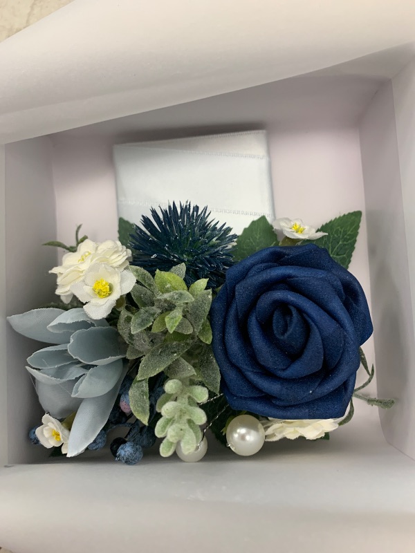 Photo 1 of Ling's Moment Single Pocket Boutonniere for Man Groom, Artificial Flowers for Wedding Decor/Prom/Homecoming/Graduation, etc.Dusty Blue Navy
