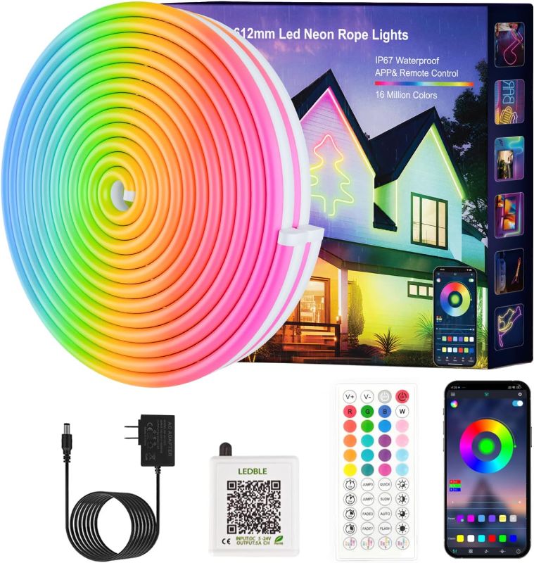 Photo 1 of Neon Rope Lights, JIAMEI 100FT RGB LED Strip Lights, App Control, IR Remote, Music Syncing, Outdoor IP67 Waterproof, Flexible Neon Strip Lights Cuttable for Bedroom, Gaming, Party(2 Rolls of 50FT)
