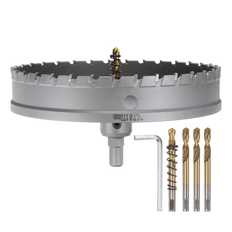 Photo 1 of HARFINGTON Carbide Hole Saw Kit 172mm (6-11/16") Metal Hole Cutter Set with 5pcs Center Drill Bits Springs 1pcs Wrench for Stainless Steel Copper Iron Aluminum
