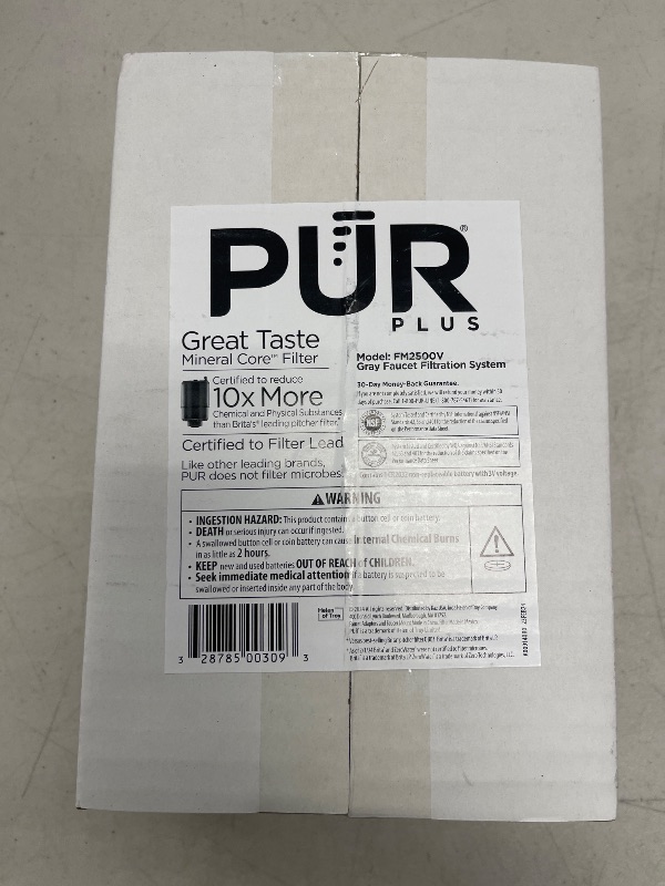 Photo 1 of PUR PLUS Vertical Faucet Mount Water Filtration System, Lead-Reducing Filter, Great-Tasting Water, Easy Install, Lasts 100 Gallons, Compatible with Sinks with External Aerators, Grey