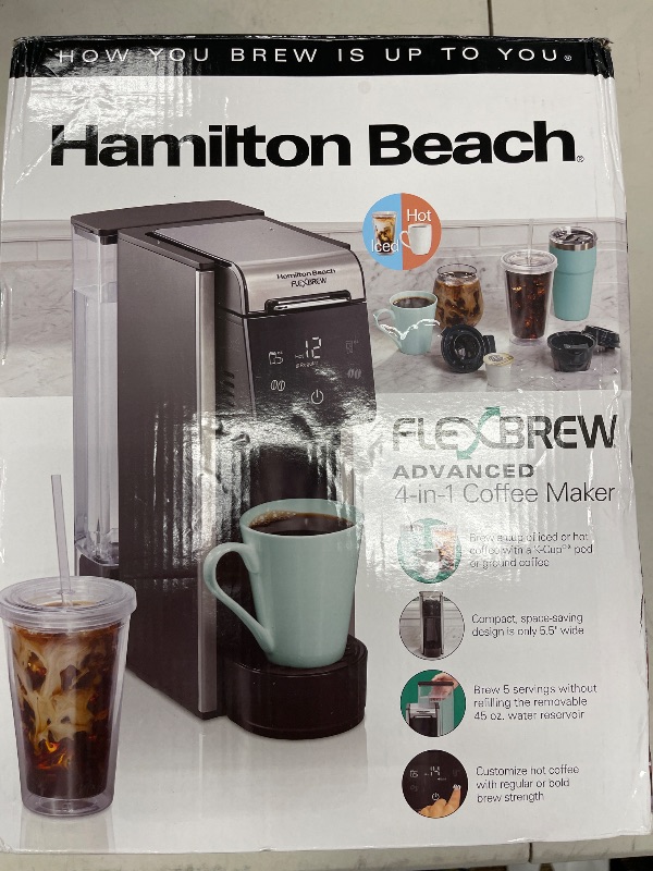 Photo 1 of Hamilton Beach FlexBrew Advanced 4-in-1 Single Serve Hot & Iced Coffee Maker with Removable 45 oz. Water Reservoir, Use Pod Packs and Grounds, Fast Brewing, LED Touchscreen, Black (49925)