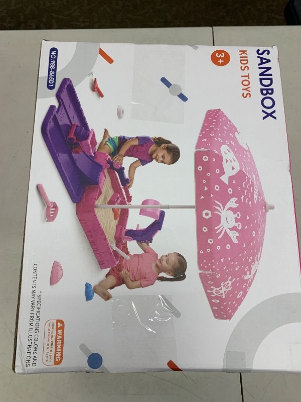 Photo 1 of HYES Sandbox with Lid, Dirt Digger Excavator Sand Box with Cover, Kids Sand Pit with Construction Toys/Umbrella/Beach Toys for Toddler 3-5, Sensory Kit Summer Gifts for Indoor Outdoor Backyard, Purple