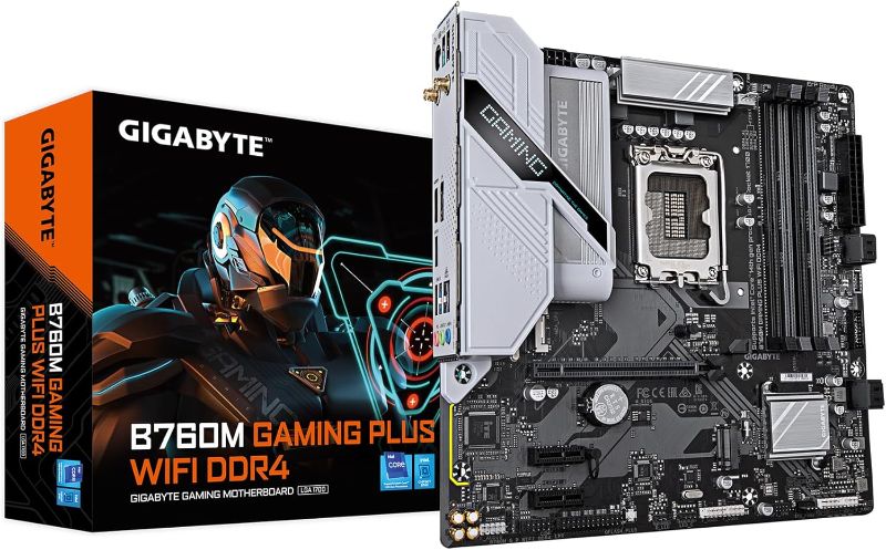 Photo 1 of GIGABYTE B760M Gaming Plus WiFi DDR4 LGA 1700 Intel B760 M-ATX Motherboard with DDR4, 2* M.2, PCIe 4.0, Front USB 3.2 Gen 1 Type-C, WiFi 6 GbE LAN, Q-Flash Plus, PCIe EZ-Latch
