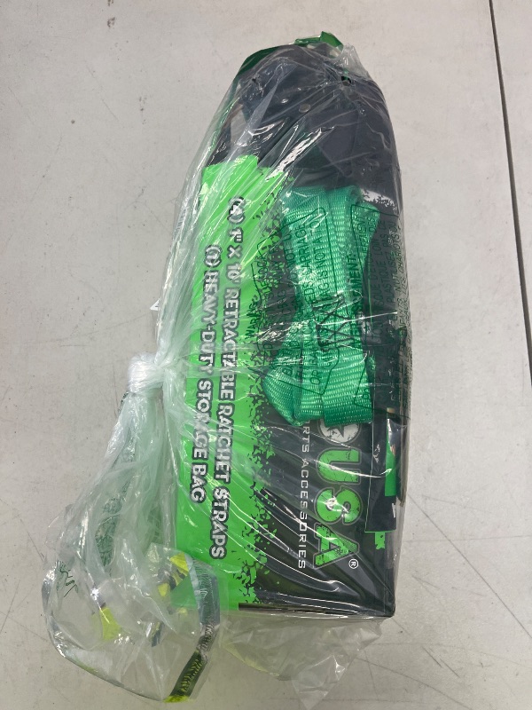 Photo 1 of Rhino USA Retractable Ratchet Straps (4-Pack) - 1 Inch x 10 Feet (1,209lb Break Strength) - Heavy Duty Auto Self Retracting Tie Down Straps for Truck, Cargo Trailer, Motorcycle, Rad & More - Green