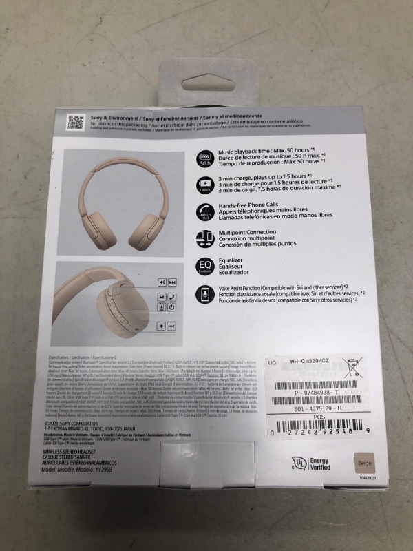 Photo 1 of Sony WH-CH520 Best Wireless Bluetooth On-Ear Headphones with Microphone for Calls and Voice Control, Up to 50 Hours Battery Life with Quick Charge Function, Includes USB-C Charging Cable - Beige