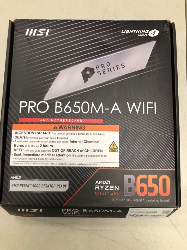 Photo 1 of MSI PRO B650M-A WiFi ProSeries Motherboard (AMD Ryzen 9000/8000/7000 Series Processors, AM5, DDR5, PCIe 4.0, M.2, SATA 6Gb/s, USB 3.2 Gen 2, HDMI/DP, Wi-Fi 6E, Bluetooth 5.3, 2.5Gbps LAN, mATX)