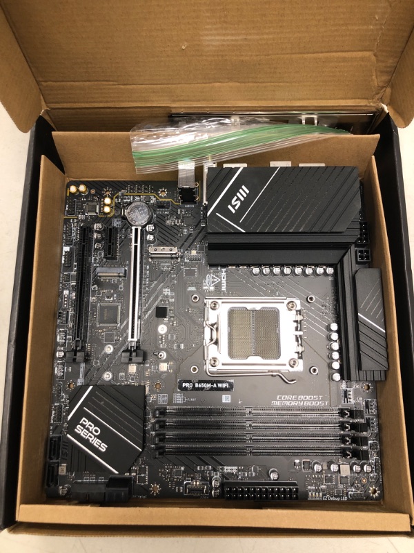 Photo 1 of MSI PRO B650M-A WiFi ProSeries Motherboard (AMD Ryzen 9000/8000/7000 Series Processors, AM5, DDR5, PCIe 4.0, M.2, SATA 6Gb/s, USB 3.2 Gen 2, HDMI/DP, Wi-Fi 6E, Bluetooth 5.3, 2.5Gbps LAN, mATX)