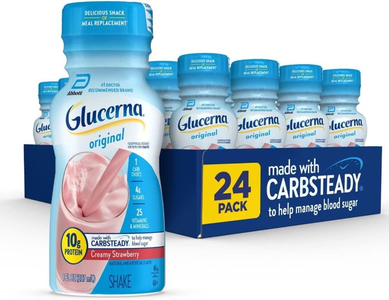 Photo 1 of Glucerna Original Diabetes Care Shake, Creamy Strawberry, Diabetic Meal Replacement to Support Blood Sugar Management, 10g Protein, 180 Calories, Ready to Drink, 8-fl-oz Bottle, 24 Pack
