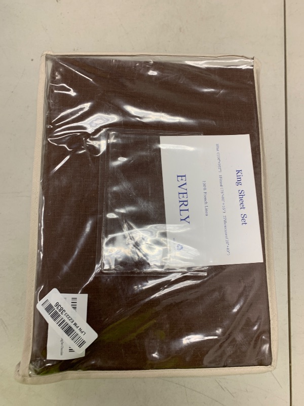 Photo 1 of EVERLY Linen Sheets Set King Size,100% French Stonewash Pure Linen Bed Sheets,4Pieces (1Flat Sheet,1Fitted Sheet,2Pillowcase) Suitable for Hot Sleepers,Deep Pocket Natural Bedding Set-Chocolate