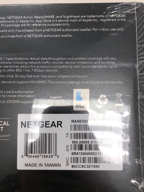 Photo 1 of NETGEAR Nighthawk Tri-Band WiFi 6E Router (RAXE300) - Security Features, AXE7800 Wireless Gigabit Speed (Up to 7.8Gbps), New 6GHz Band, 8-Streams Cover up to 2,500 sq. ft., 40 Devices