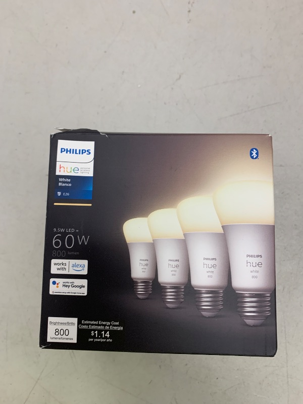Photo 1 of Philips Hue Smart 60W A19 LED Bulb - Soft Warm White Light - 4 Pack - 800LM - E26 - Indoor - Control with Hue App - Works with Alexa, Google Assistant and Apple Homekit