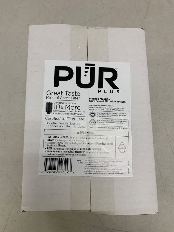 Photo 1 of PUR PLUS Vertical Faucet Mount Water Filtration System, Lead-Reducing Filter, Great-Tasting Water, Easy Install, Lasts 100 Gallons, Compatible with Sinks with External Aerators, Grey