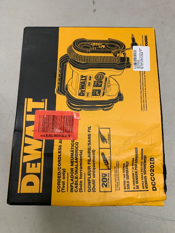 Photo 1 of DEWALT Tire Inflator Portable Air Compressor 20V MAX, Air Pump with Automatic Shut Off, LED Light, Tool Only (DCC020IB)