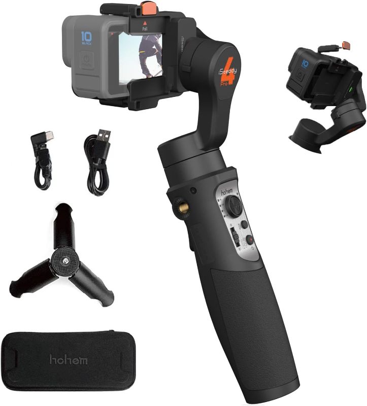 Photo 1 of hohem iSteady Pro 4 3-Axis Gimbal Stabilizer for GoPro 13/12/11/10/9 8/7/6/5, for Osmo Action and Other Action Cameras,Support Bluetooth & Cable Control, IPX4 Splash Proof with Tripod
