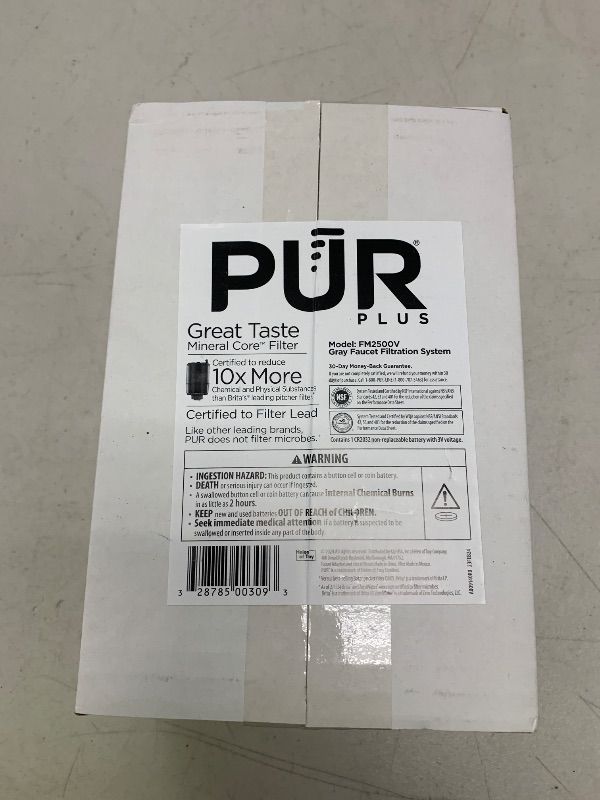Photo 1 of PUR PLUS Vertical Faucet Mount Water Filtration System, Lead-Reducing Filter, Great-Tasting Water, Easy Install, Lasts 100 Gallons, Compatible with Sinks with External Aerators, Grey