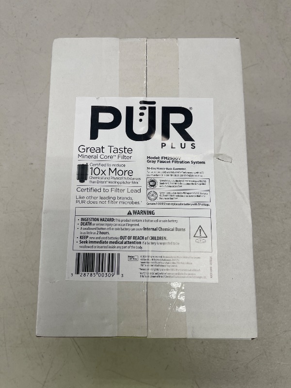 Photo 1 of PUR PLUS Vertical Faucet Mount Water Filtration System, Lead-Reducing Filter, Great-Tasting Water, Easy Install, Lasts 100 Gallons, Compatible with Sinks with External Aerators, Grey