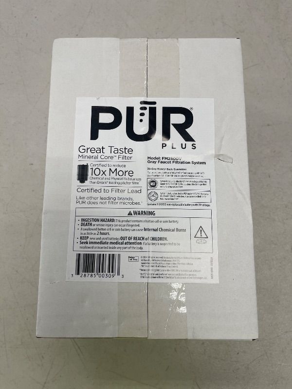 Photo 1 of PUR PLUS Vertical Faucet Mount Water Filtration System, Lead-Reducing Filter, Great-Tasting Water, Easy Install, Lasts 100 Gallons, Compatible with Sinks with External Aerators, Grey