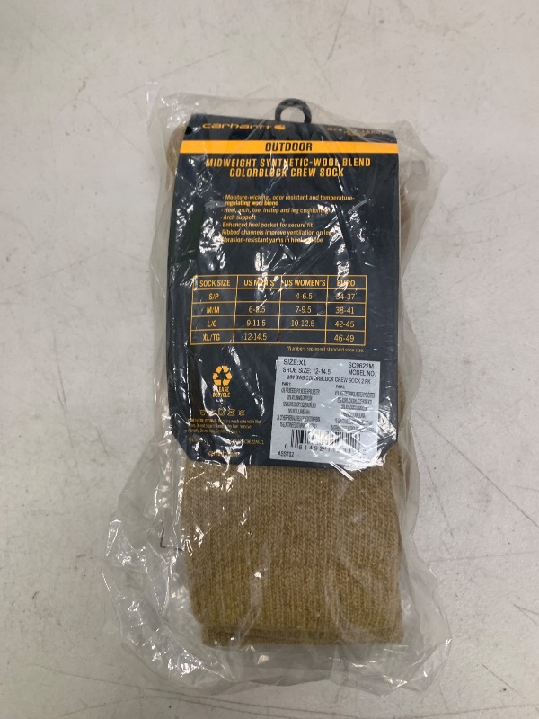 Photo 1 of Carhartt Men's SC9622M Midweight Synthetic-Wool Blend Colorblock Crew Sock 2-Pack X-Large Khaki
