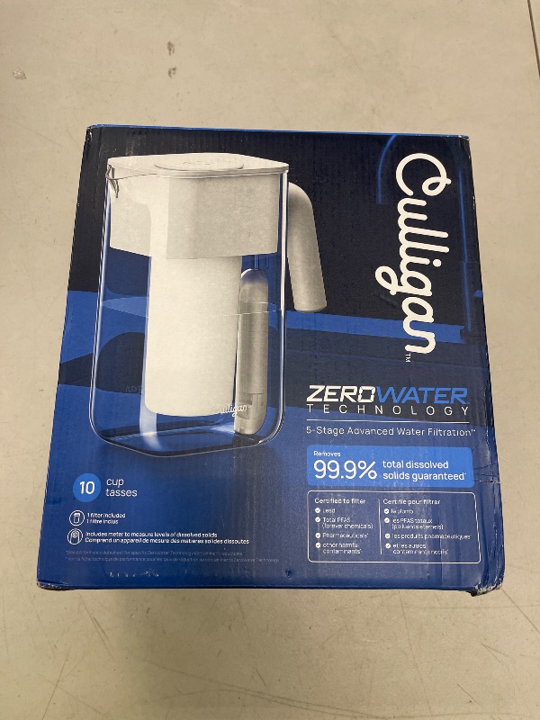 Photo 1 of Culligan with ZeroWater Technology 10-Cup Water Filter Pitcher – Includes 5-Stage Advanced Water Filter, IAPMO Certified to Reduce Lead, Total PFAS (Forever Chemicals), Mercury, Fluoride, and Chlorine