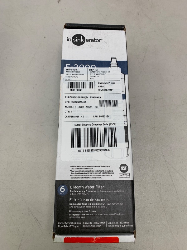Photo 1 of INSINKERATOR F-3000 Under Sink Water Filter Replacement Cartridge for INSINKERATOR Water Filtration System, PFOS/PFOA Filter