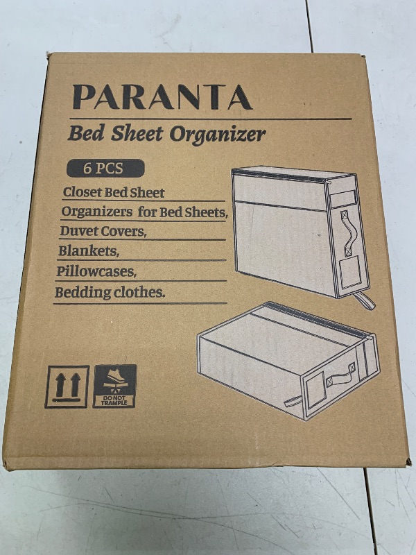 Photo 1 of PARANTA Bed Sheet Organizers and Storage, 6 Pack Foldable Linen Closet Organizer, Sheets Set Keeper with Label Handle Window for Blanket Duvet Cover Queen or King Beige