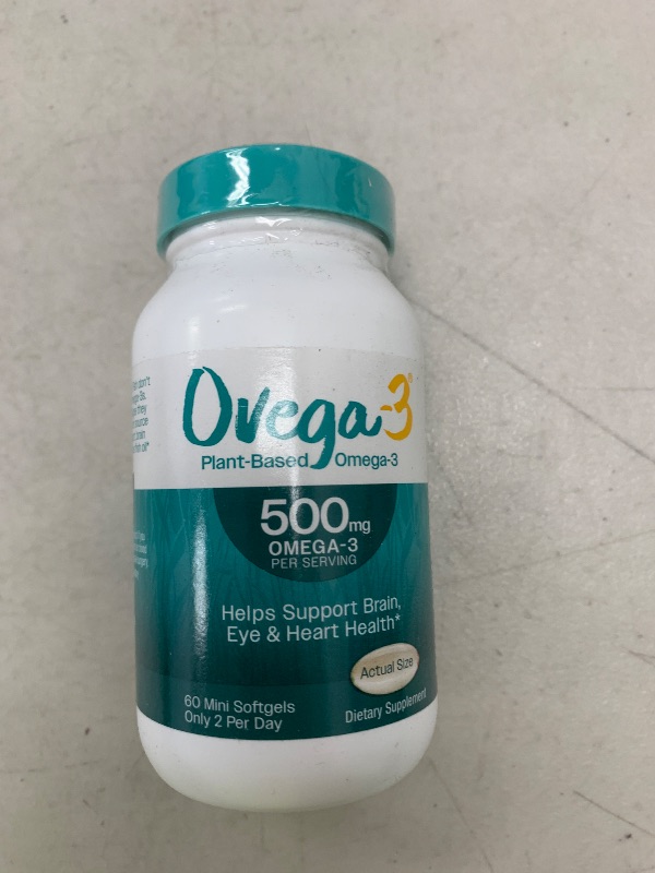 Photo 1 of OVEGA-3 Plant-Based Omega-3 from Algal Oil Daily Supplement, 500mg, Supports Brain, Eye & Heart Health, Two mini softgels per Day, 60 Count