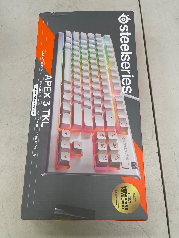 Photo 1 of SteelSeries Apex 3 TKL White RGB Gaming Keyboard — Tenkeyless Compact Form Factor — 8-Zone RGB Illumination — Water and Dust Resistant — Whisper-Quiet Gaming Switch