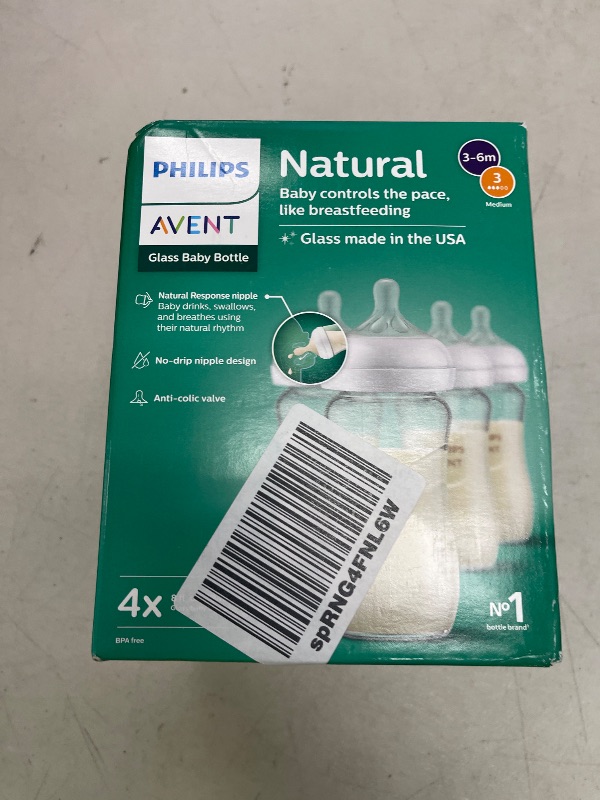 Photo 1 of Philips Avent Natural Glass Baby Bottles with Natural Response Nipples (Medium Flow, Flow 3), 8oz, 4-Pack, SCY913/04