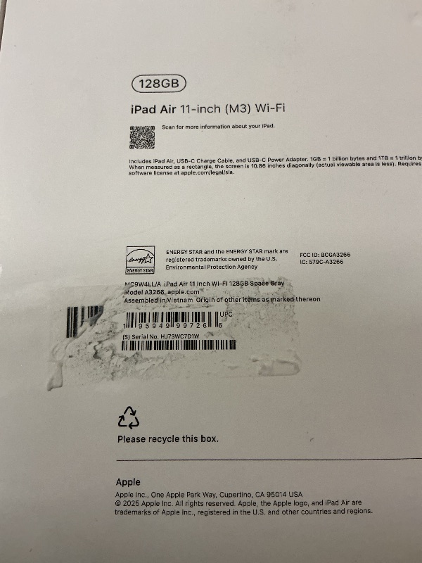 Photo 1 of Apple iPad Air 11-inch with M3 chip Built for Apple Intelligence, Liquid Retina Display, 128GB, 12MP Front/Back Camera, Wi-Fi 6E, Touch ID, All-Day Battery Life — Space Gray