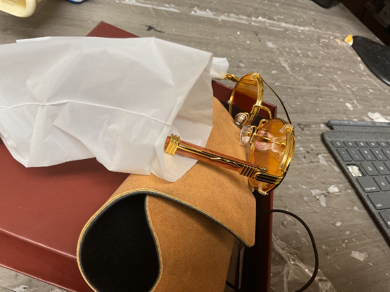 Photo 1 of SEE NOTES AND PICTURES ,,,,,,,,,Fa.Beau.Lux Premium Clear Round Blue Light Blocking Glasses with Wood Temple, Clip-On Compatible Frame, Unisex Design (Gold Amber Orange Night Blue Blocker)