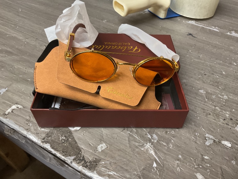 Photo 1 of SEE NOTES AND PICTURES ,,,,,,,,,Fa.Beau.Lux Premium Clear Round Blue Light Blocking Glasses with Wood Temple, Clip-On Compatible Frame, Unisex Design (Gold Amber Orange Night Blue Blocker)