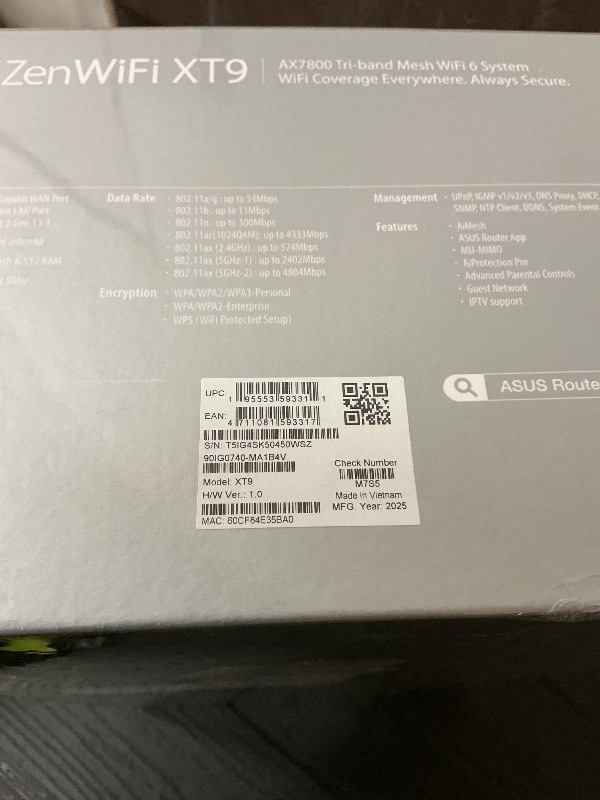 Photo 1 of ASUS ZenWiFi XT9 AX7800 Tri-Band WiFi6 Mesh WiFiSystem (2Pack), 802.11ax, up to 5700 sq ft & 6+ Rooms, AiMesh, Lifetime Free Internet Security, Parental Controls, 2.5G WAN Port, UNII 4, White