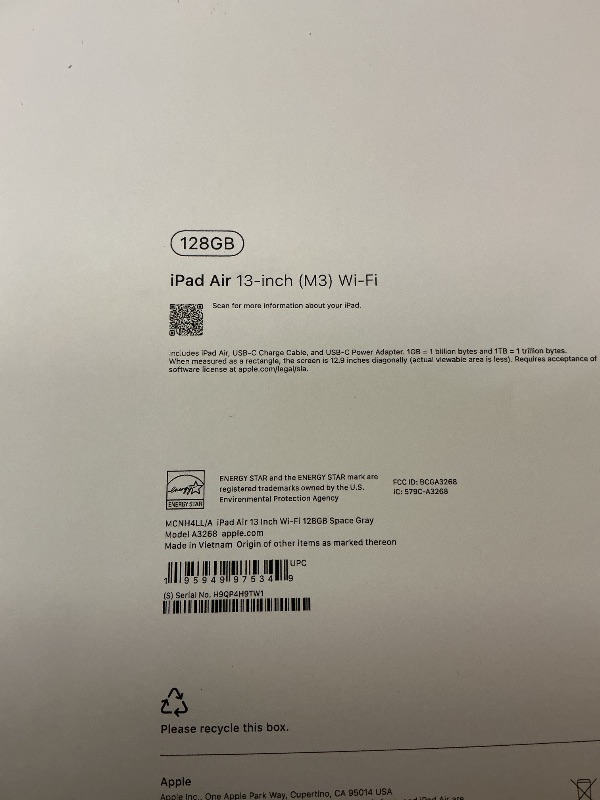 Photo 1 of Apple iPad Air 13-inch with M3 chip Built for Apple Intelligence, Liquid Retina Display, 128GB, 12MP Front/Back Camera, Wi-Fi 6E, Touch ID, All-Day Battery Life — Space Gray