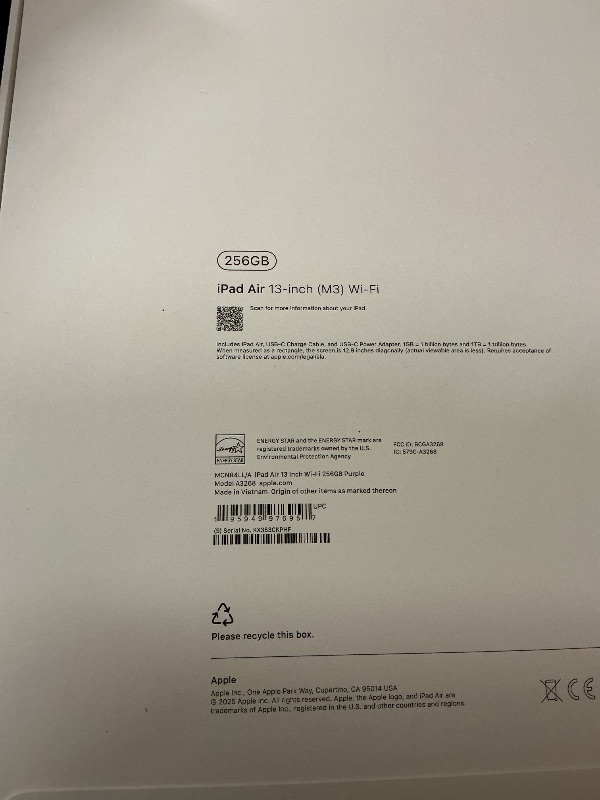 Photo 1 of Apple iPad Air 13-inch with M3 chip Built for Apple Intelligence, Liquid Retina Display, 256GB, 12MP Front/Back Camera, Wi-Fi 6E, Touch ID, All-Day Battery Life — Purple