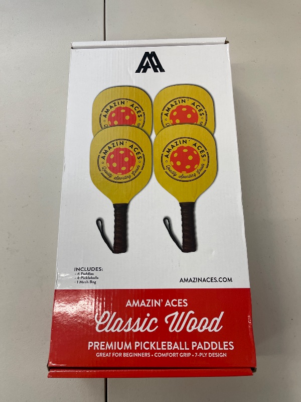 Photo 1 of Amazin' Aces Pickleball Classic 4-Piece Wooden Paddle & Racket Set with Cushion Grip - 4 Balls & Bag for All Levels - Pickleball Paddles