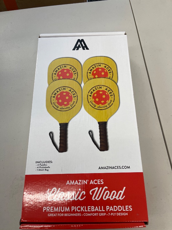 Photo 1 of Amazin' Aces Pickleball Classic 4-Piece Wooden Paddle & Racket Set with Cushion Grip - 4 Balls & Bag for All Levels - Pickleball Paddles