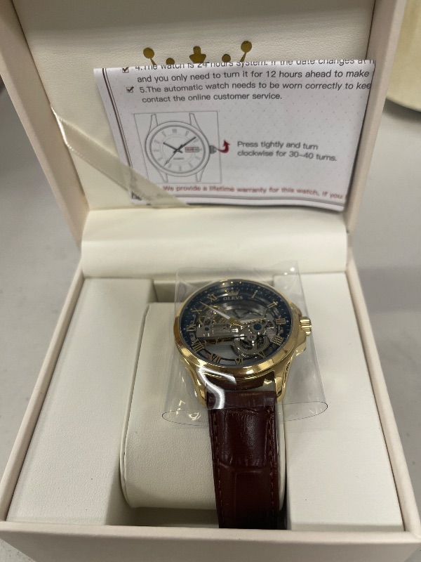 Photo 1 of OLEVS Gold Blue Skeleton Tourbillon Brown Leatehr Watches for Men Luxury Dress Automatic Self Winding Mechanical Waterproof Stainless Steel Luminous Men's Wrist Watches Gift