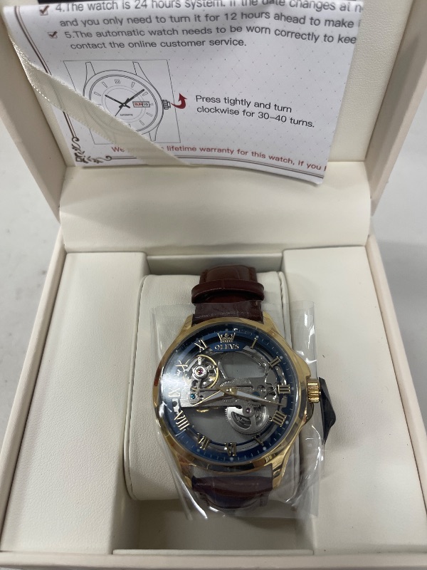 Photo 1 of OLEVS Gold Blue Skeleton Tourbillon Brown Leatehr Watches for Men Luxury Dress Automatic Self Winding Mechanical Waterproof Stainless Steel Luminous Men's Wrist Watches Gift