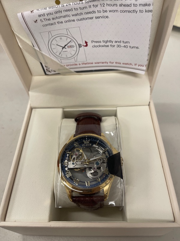 Photo 1 of OLEVS Gold Blue Skeleton Tourbillon Brown Leatehr Watches for Men Luxury Dress Automatic Self Winding Mechanical Waterproof Stainless Steel Luminous Men's Wrist Watches Gift