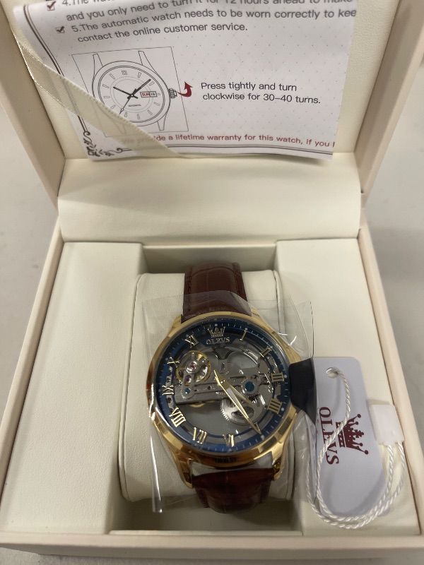 Photo 1 of OLEVS Gold Blue Skeleton Tourbillon Brown Leatehr Watches for Men Luxury Dress Automatic Self Winding Mechanical Waterproof Stainless Steel Luminous Men's Wrist Watches Gift