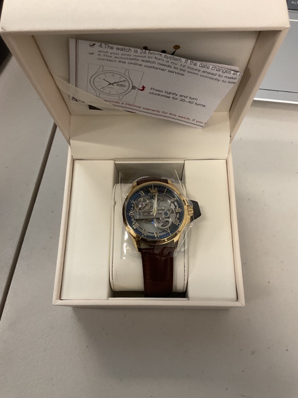 Photo 1 of OLEVS Gold Blue Skeleton Tourbillon Brown Leatehr Watches for Men Luxury Dress Automatic Self Winding Mechanical Waterproof Stainless Steel Luminous Men's Wrist Watches Gift