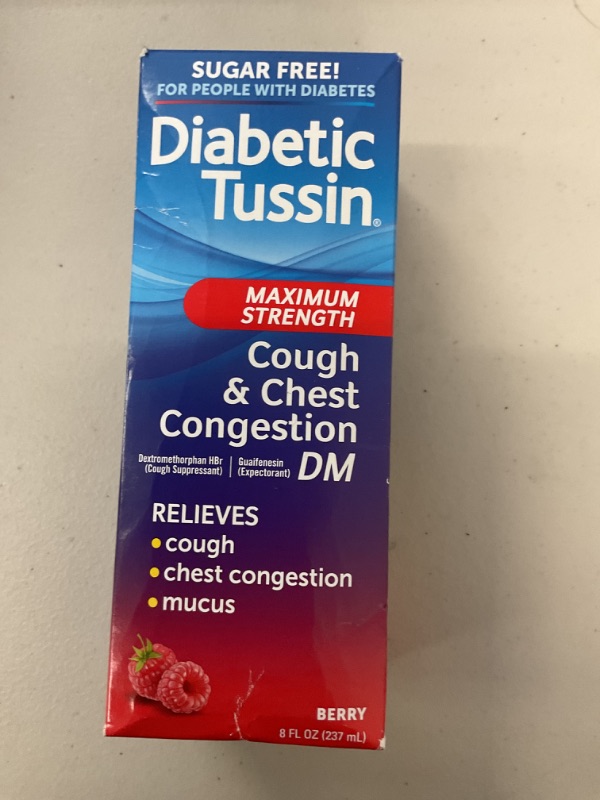 Photo 1 of Diabetic Tussin DM Maximum Strength Cough Medicine with Chest Congestion Relief - 8 Fl oz - Liquid Cough Syrup, Safe for Diabetics, Berry Flavored (1PACK)