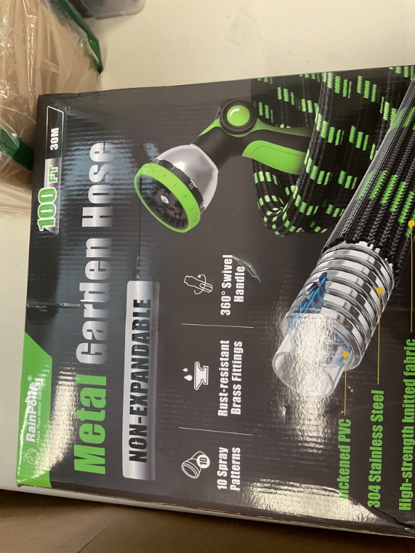 Photo 1 of RAINPOINT Metal Garden Hoses for Yard 100 ft - No-kink 304 Water Hose 100ft with 10 mode Nozzle - Brass Connection, Swivel Handle, Flexible Hose,Lightweight, Puncture