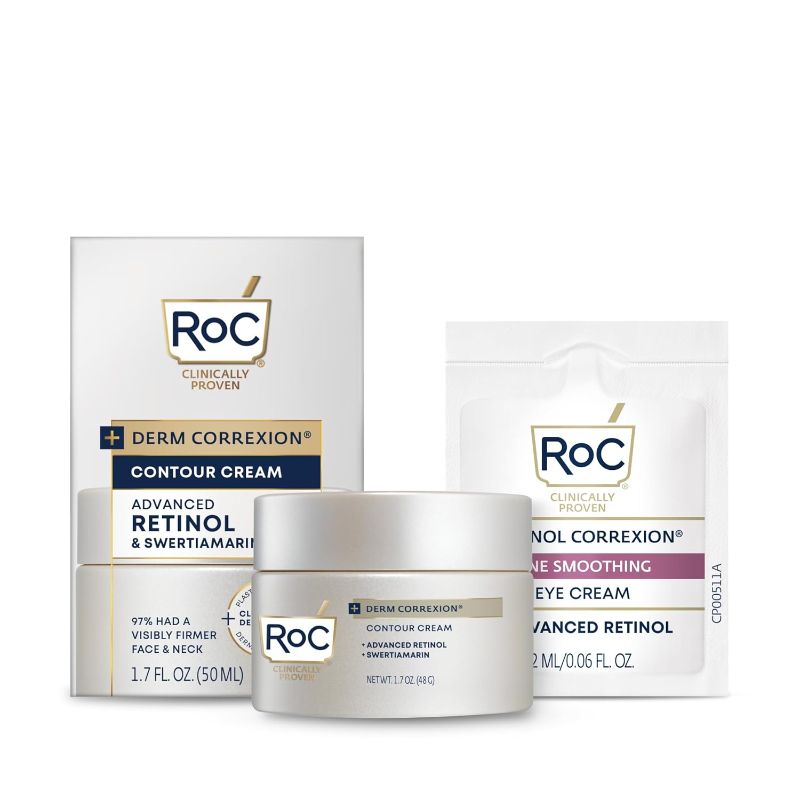 Photo 1 of RoC Derm Correxion Neck Cream with Hyaluronic Acid and Advanced Retinol to visibly Tighten & Lift Horizontal Neck Lines, Facial Moisturiser to Contour Face, Neck + Jaw, (1.7 oz) with Retinol Packette