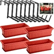 Photo 1 of Ziliny 12 Pcs Flower Pot and Planter Brackets Set 17.3 x 7.5 x 5.5 Inch Rectangular Planter Box with Saucers and Adjustable Box Brackets for Railing Outdoor Indoor Garden Patio Home (Brick Red)