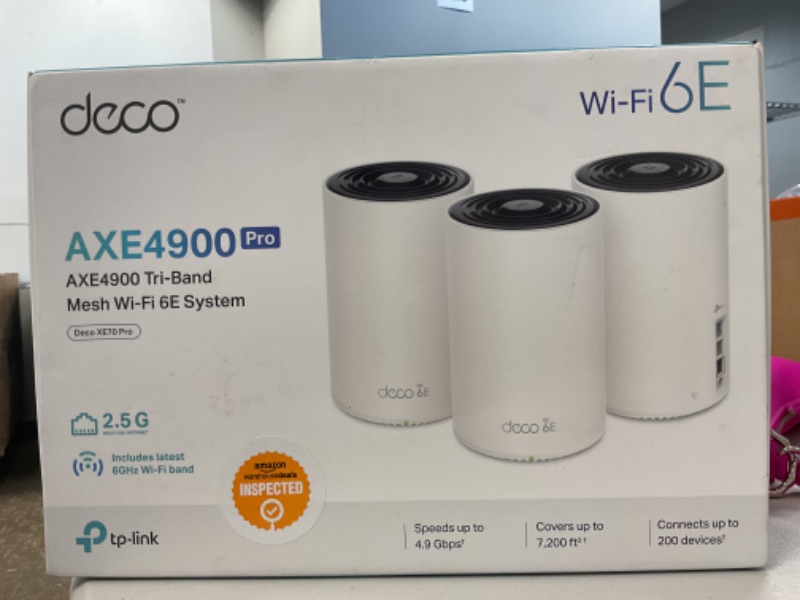 Photo 1 of TP-Link Deco AXE4900 Tri-Band WiFi 6E Mesh WiFi System (Deco XE70 Pro) - 2.5G WAN/LAN Ports, 4.9 Gbps Wi-Fi 7,200 Sq. Ft Coverage, Connect up to 200 Devices, New 6 GHz Band, 3-Pack 2024 Release