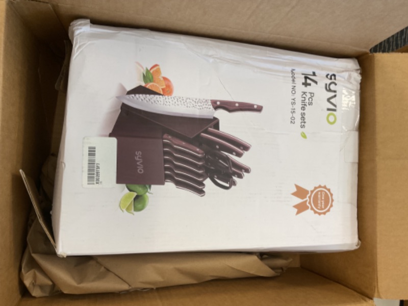 Photo 1 of syvio Kitchen Knife Sets with Block and Wood Handle, 14 Piece with Built-in Sharpener, Kitchen Knives for Chopping, Slicing, Dicing&Cutting