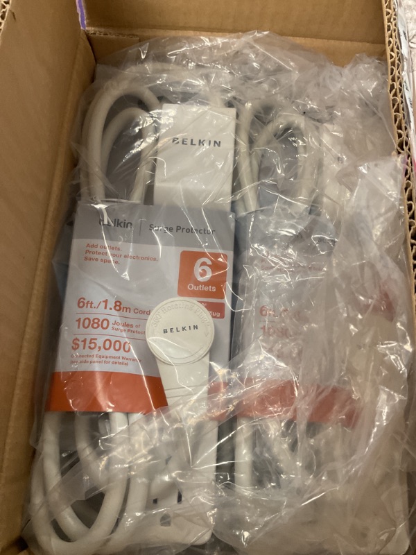 Photo 1 of Belkin 6-Outlet Surge Protector Power Strip, UL-listed w/ 6 AC Outlets & 10ft/3M Cord, Overload and Overvoltage Protection for Personal Electronics, Small Appliances, & More - 720 Joules of Protection pack of 6