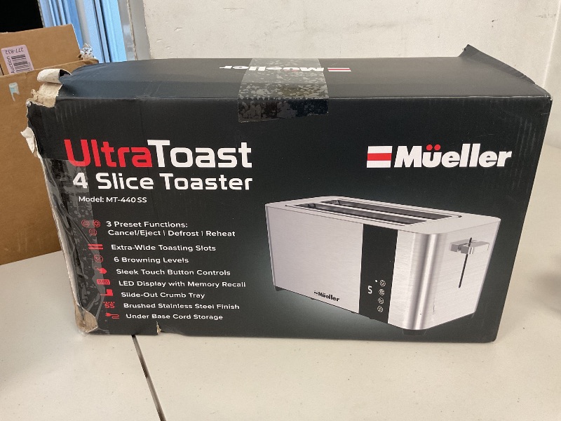 Photo 1 of Mueller UltraToast Full Stainless Steel Toaster 4 Slice, Long Extra-Wide Slots for Bagels and Waffles, 6 Browning Levels, LED Display, Cancel/Defrost/Reheat Functions & Removable Tray, Kitchen Gadgets